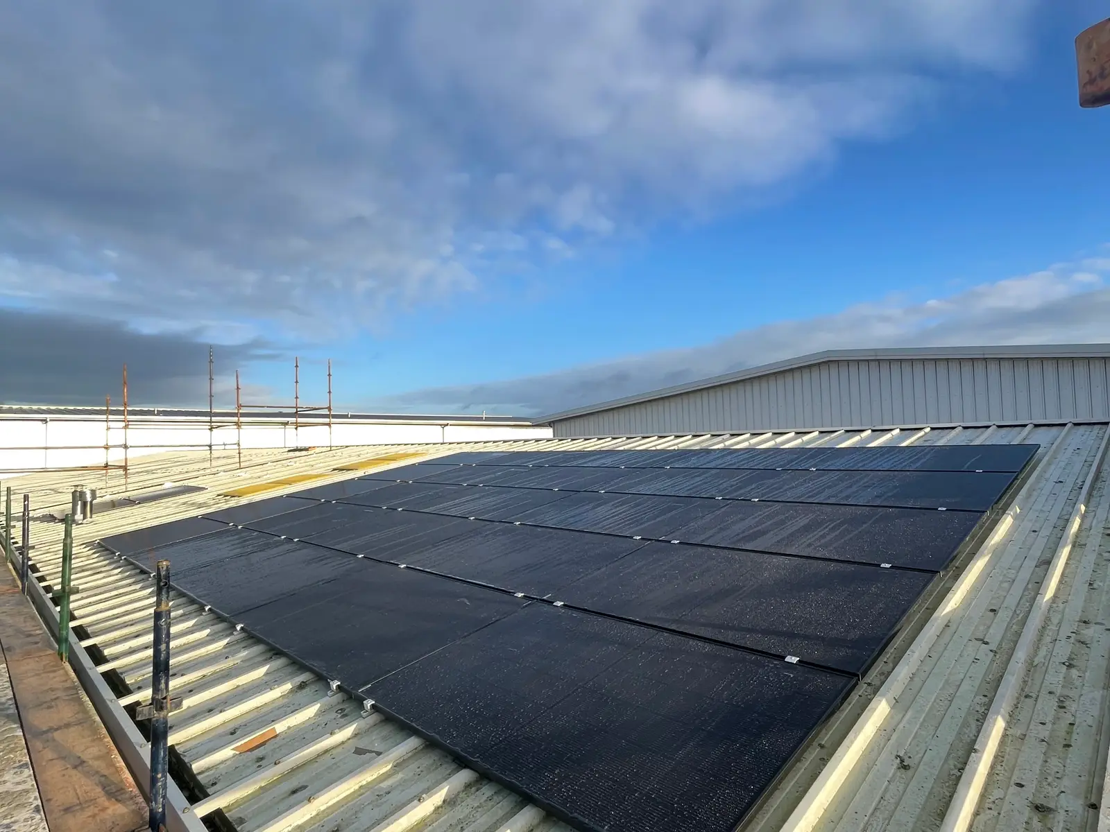 A block of all-black solar panels on the profiled-steel roof of a Firmus Energy building in Antrim, scaffolding at the roof edge, B9 group install