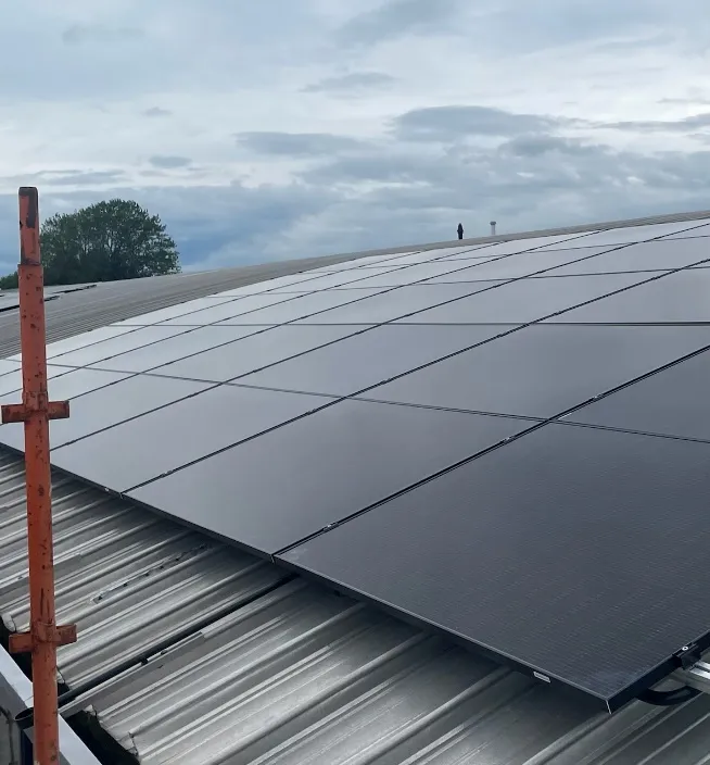 Rows of black solar panels following the curve of a standing-seam metal roof under a cloudy sky
