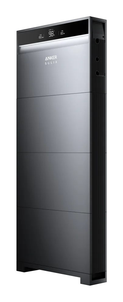 Anker SOLIX X1 battery system, a slim dark grey wall or floor unit with a control strip across the top
