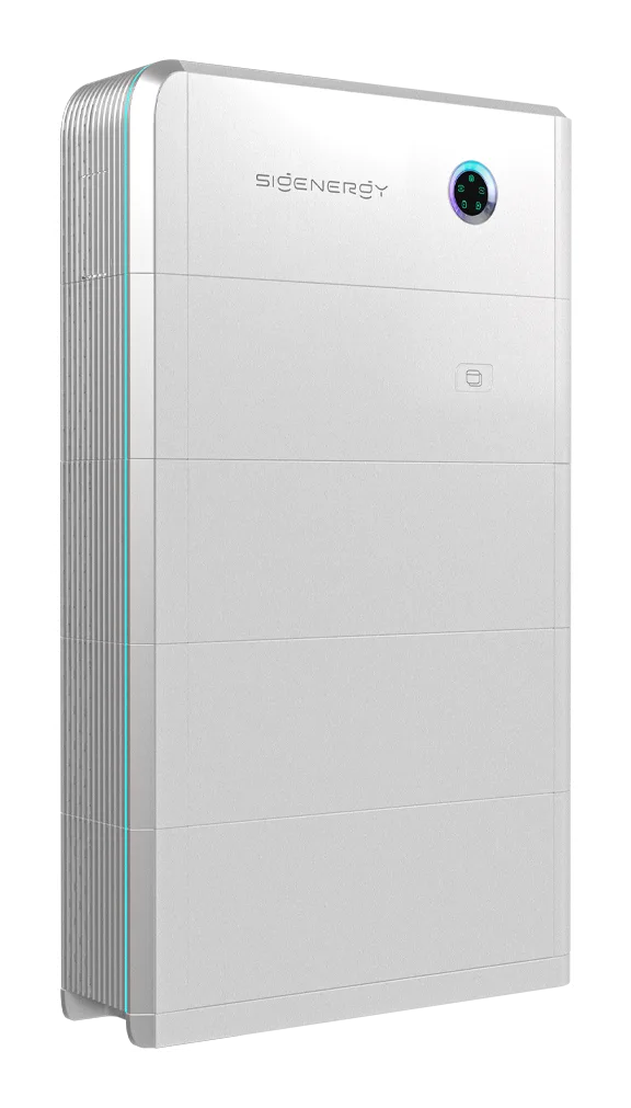SigenStor home battery, a tall white wall-standing unit with the Sigenergy logo and a circular indicator