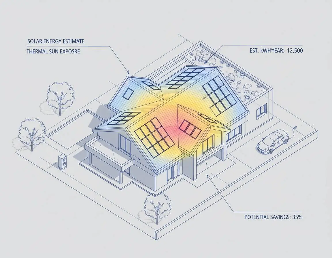 Illustration of a house model with a solar irradiance heatmap on the roof
