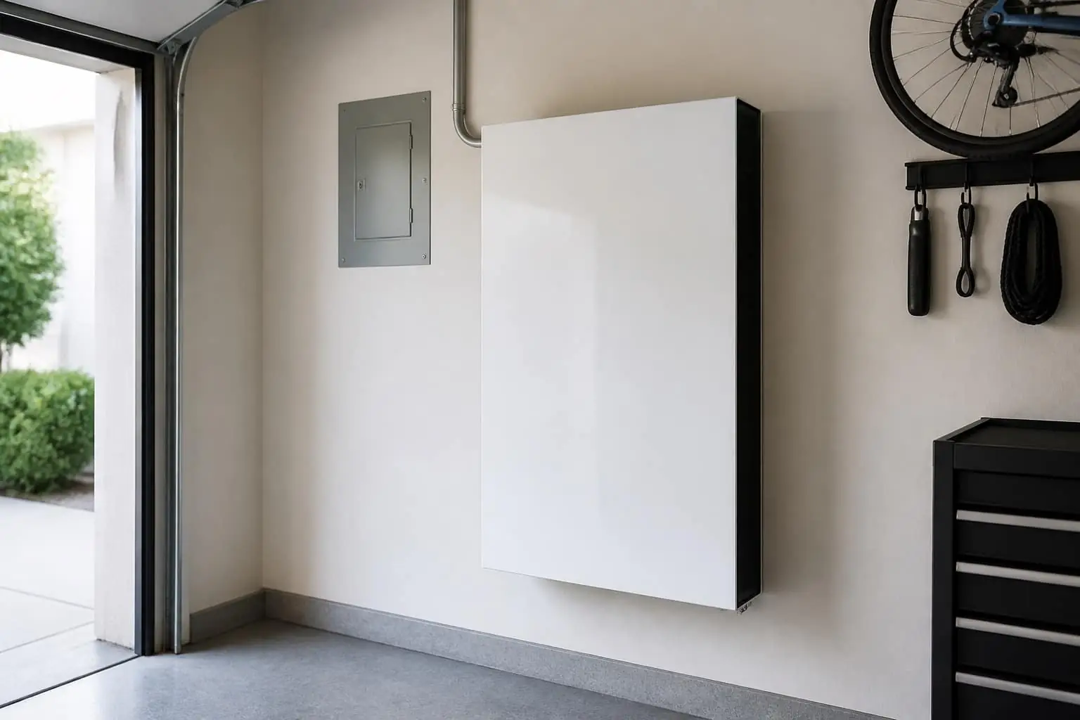 Wall-mounted home battery and hybrid inverter in a tidy utility room