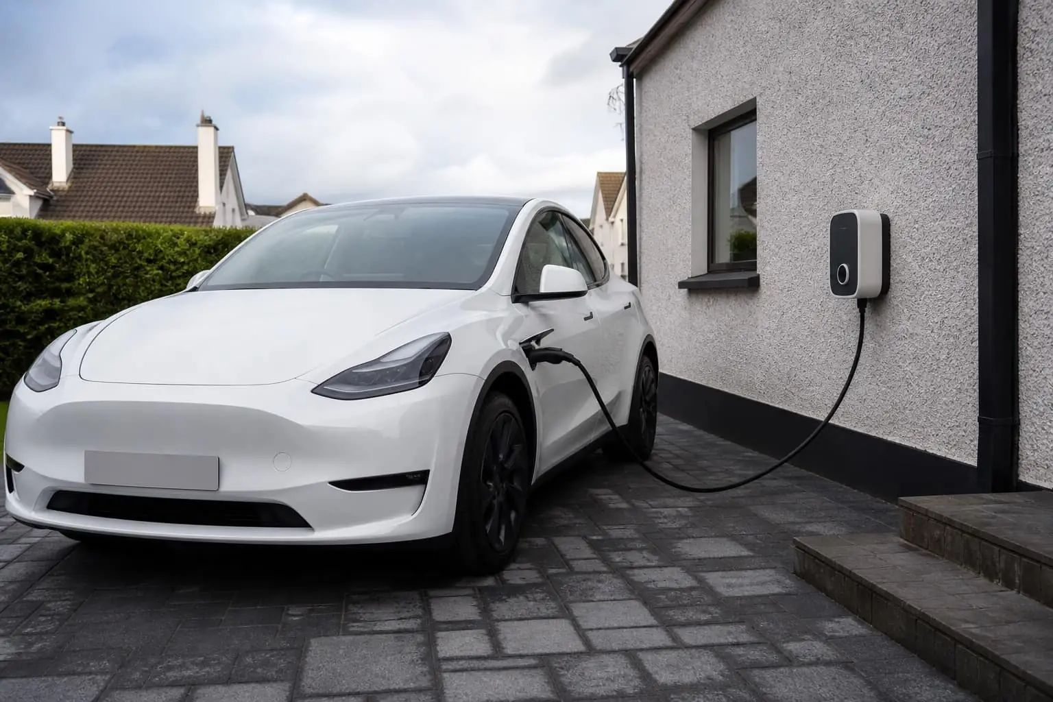 White electric car plugged into a wall-mounted home charger