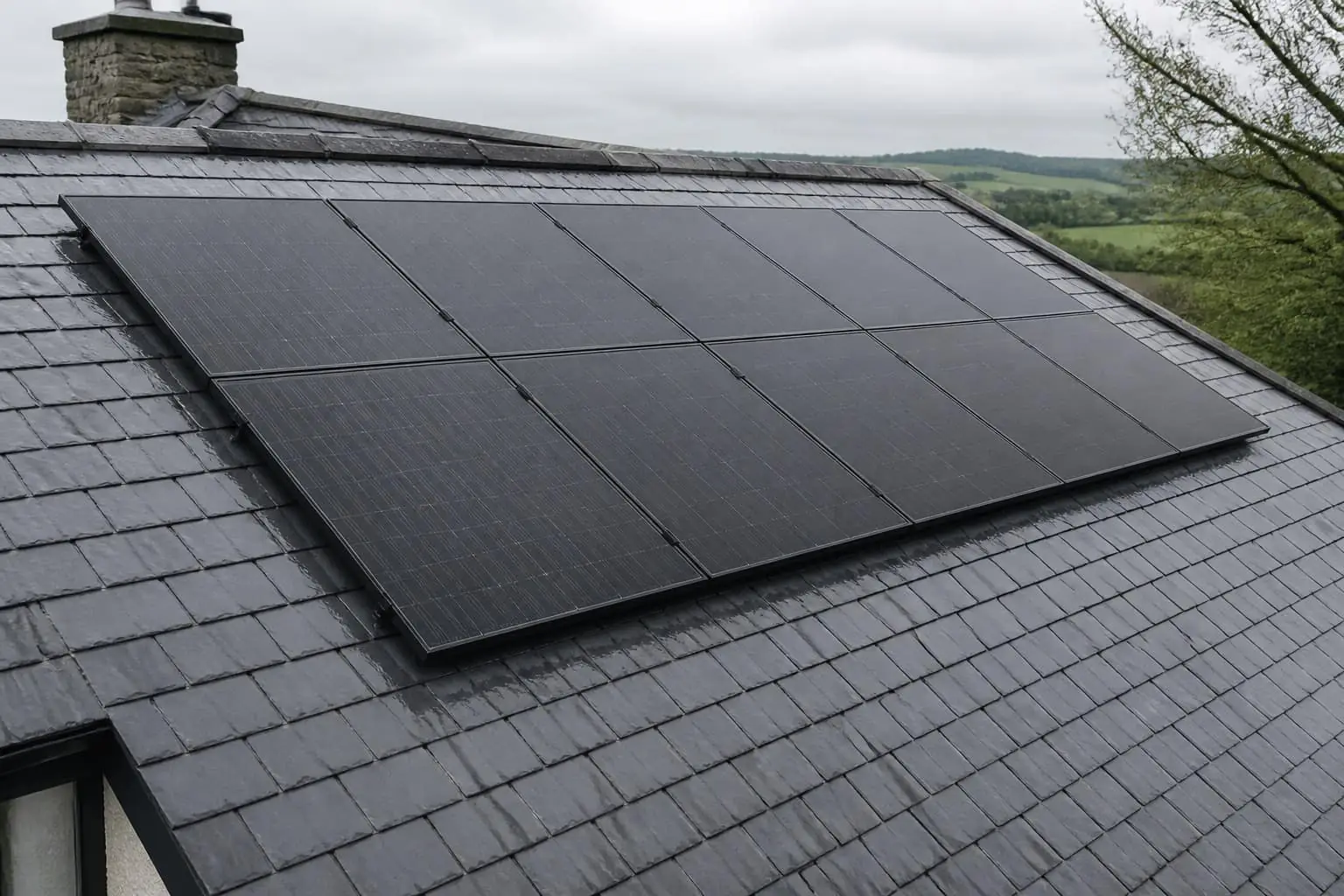 Black solar panels on a slate roof