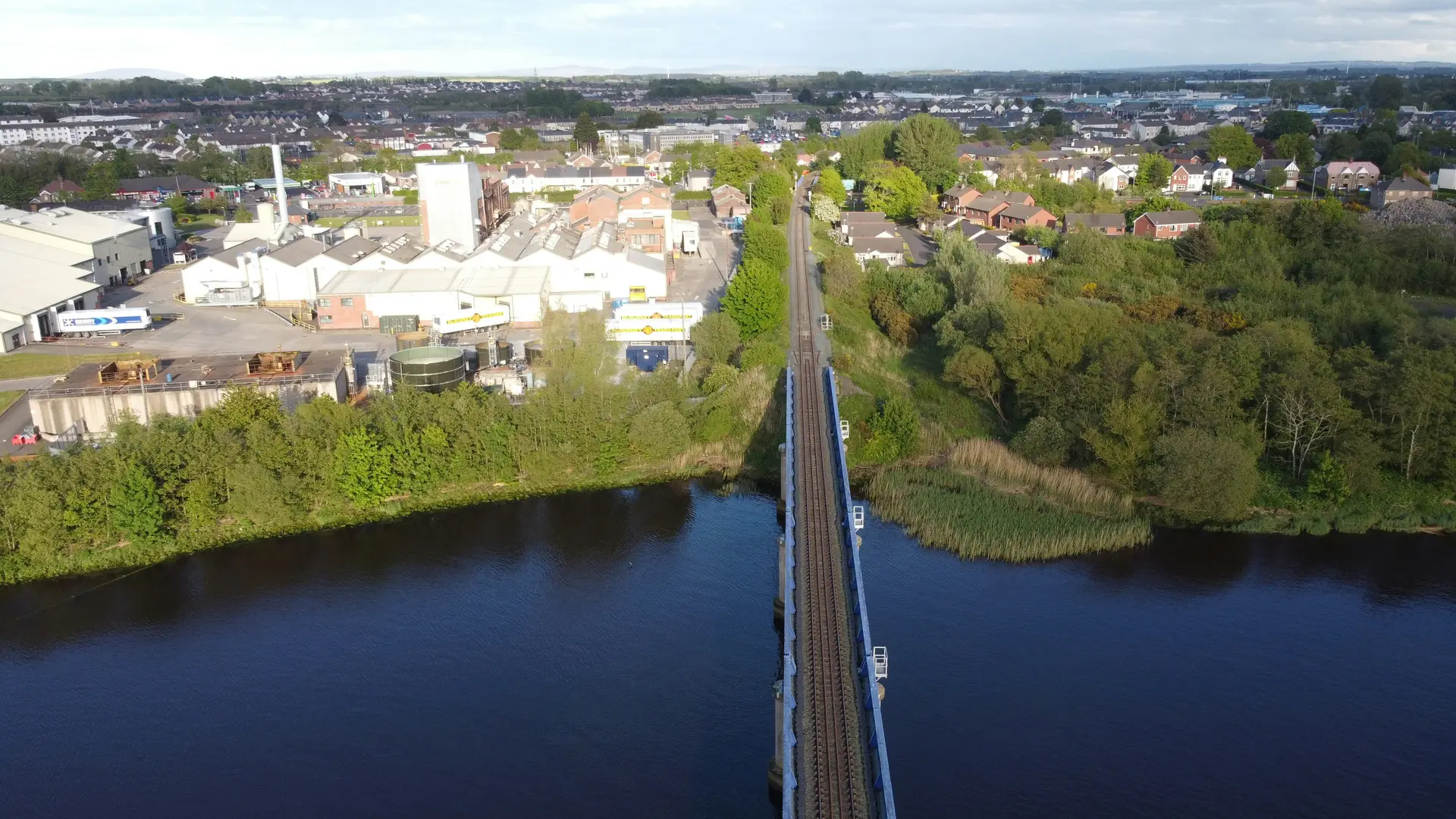 Aerial view of Coleraine town and the River Bann from the railway bridge
