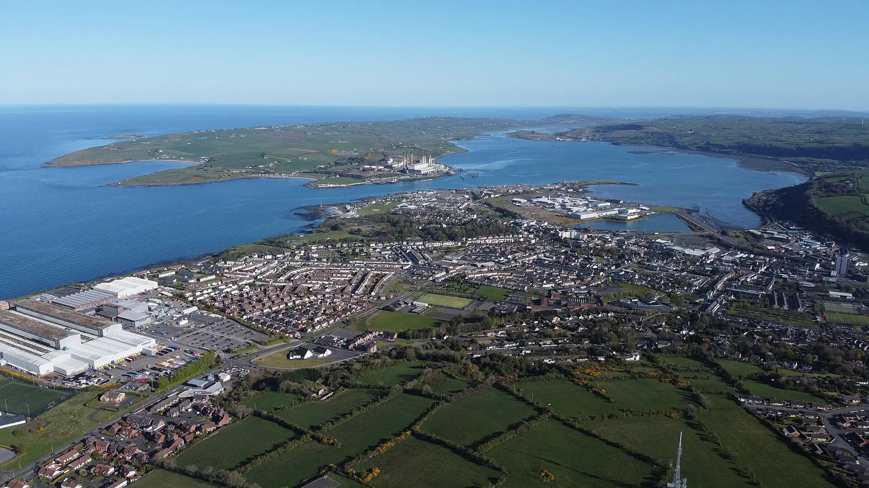 Aerial view of Larne town and Larne Lough