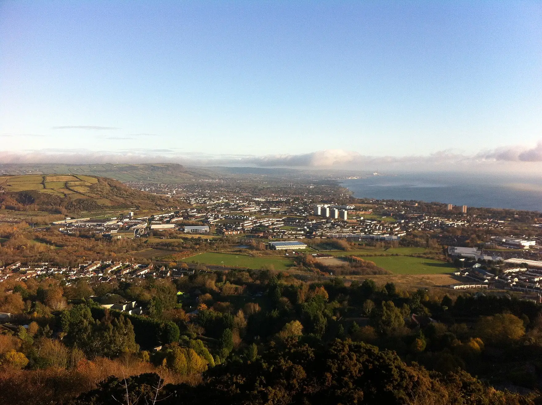 Elevated view over Newtownabbey towards Belfast Lough from Cave Hill