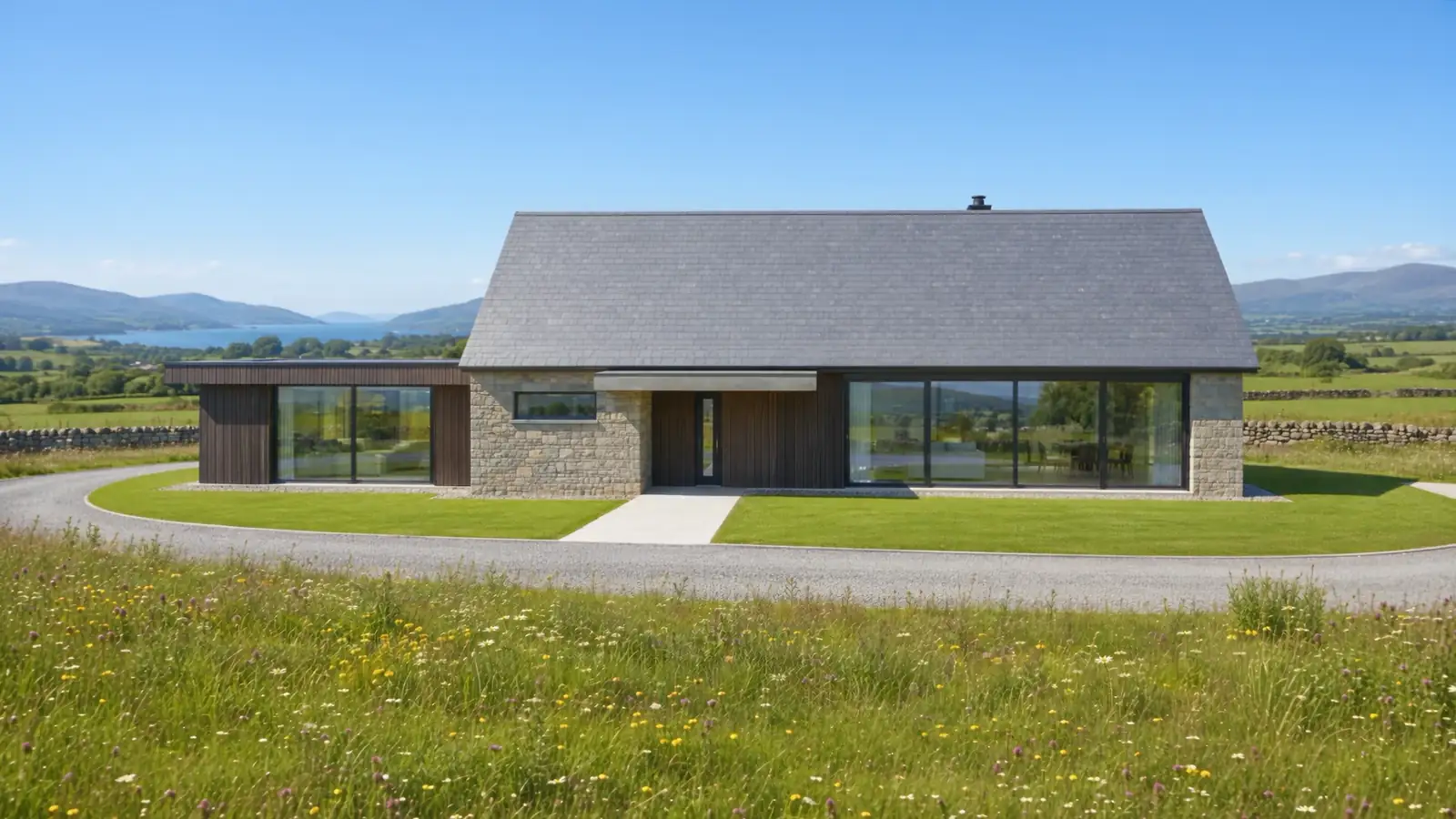 Illustration of solar panels being fitted to the roof of a stone house in the countryside